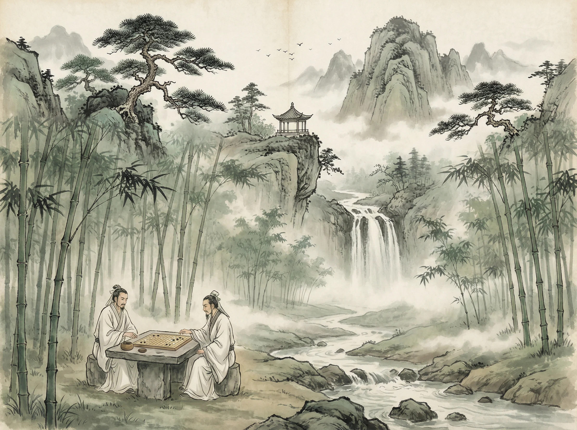 水墨山水画，松亭瀑布，炸金花guanwang 意境延伸