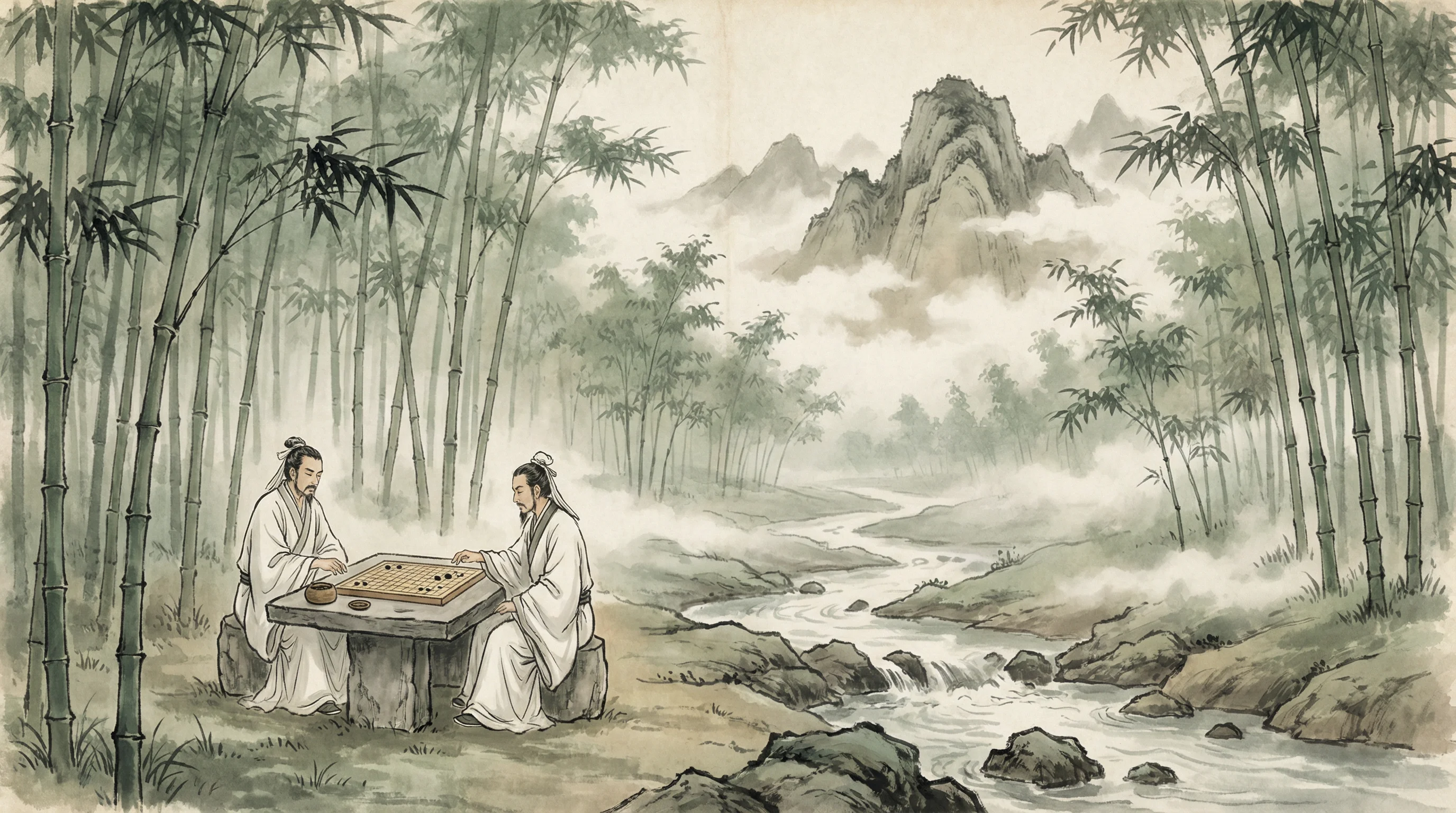 竹林对弈山水画，炸金花guanwang 棋道风景